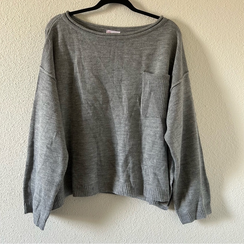 Pink Lily Women’s Oversized Knit Sweater Medium Gray Drop Shoulders Fall Winter